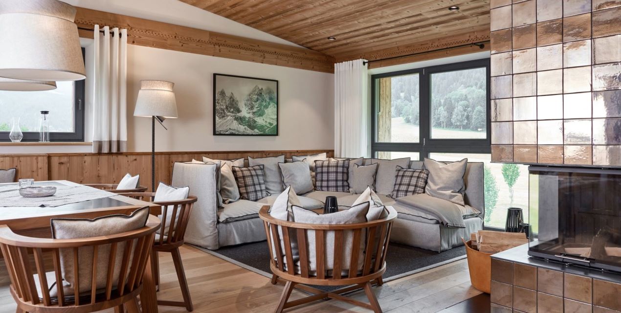 Living room with an open fire place